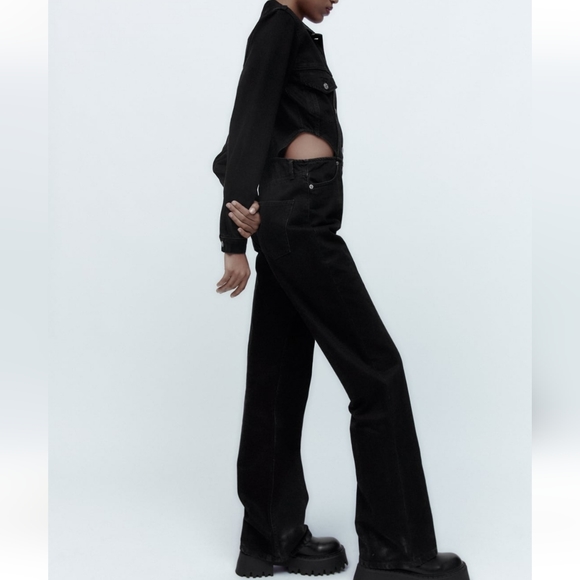 NWT * ZARA Jumpsuit Cut Out Denim Long Wide Leg - Picture 15 of 16